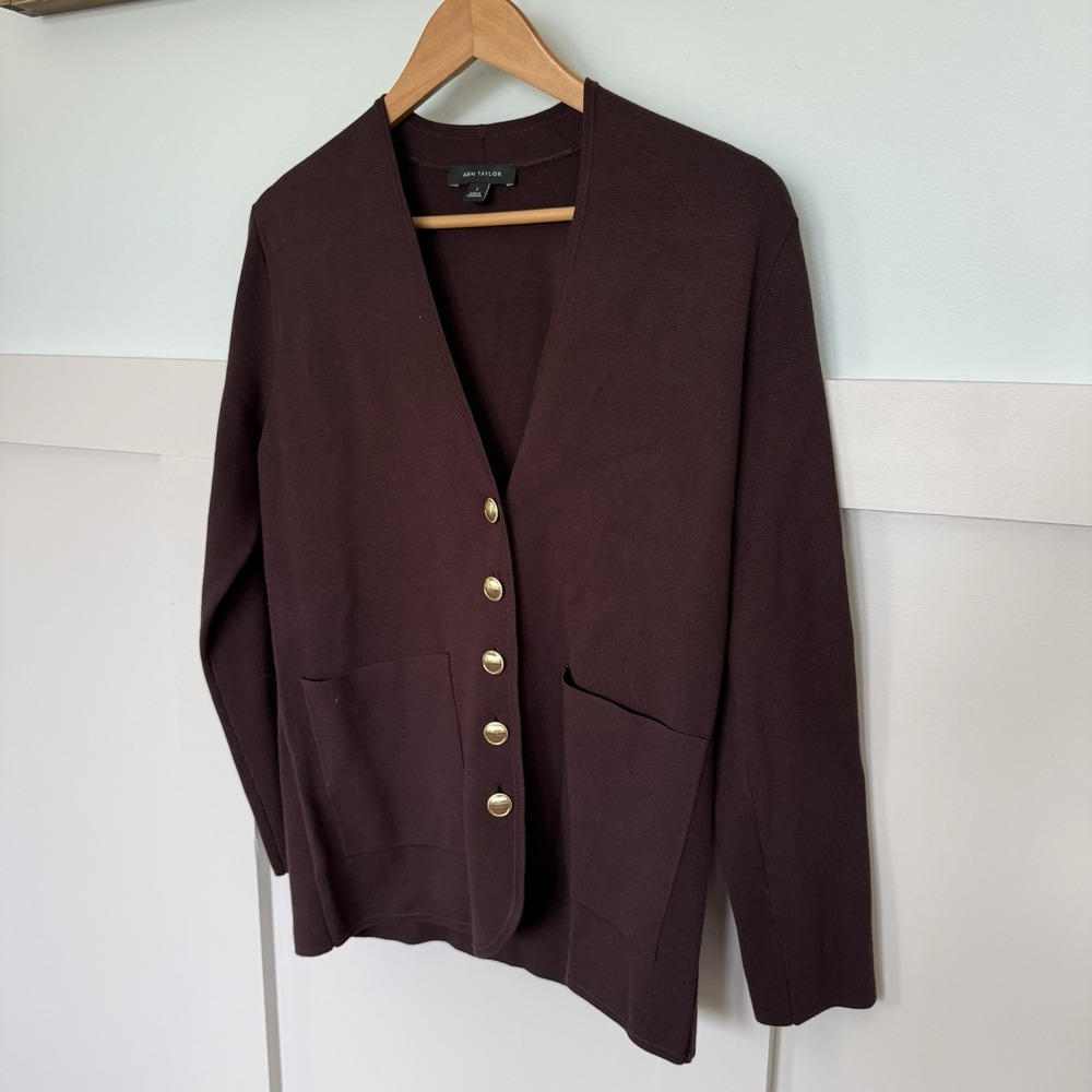 Ann Taylor Cardigan Size SM Chocolate Brown Gold Buttons Career Casual Money - Picture 2 of 8